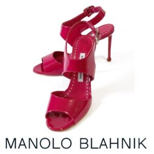 Manolo Blahnik M Burla Pink Patent Leather Heels Sandals Sz 37/7